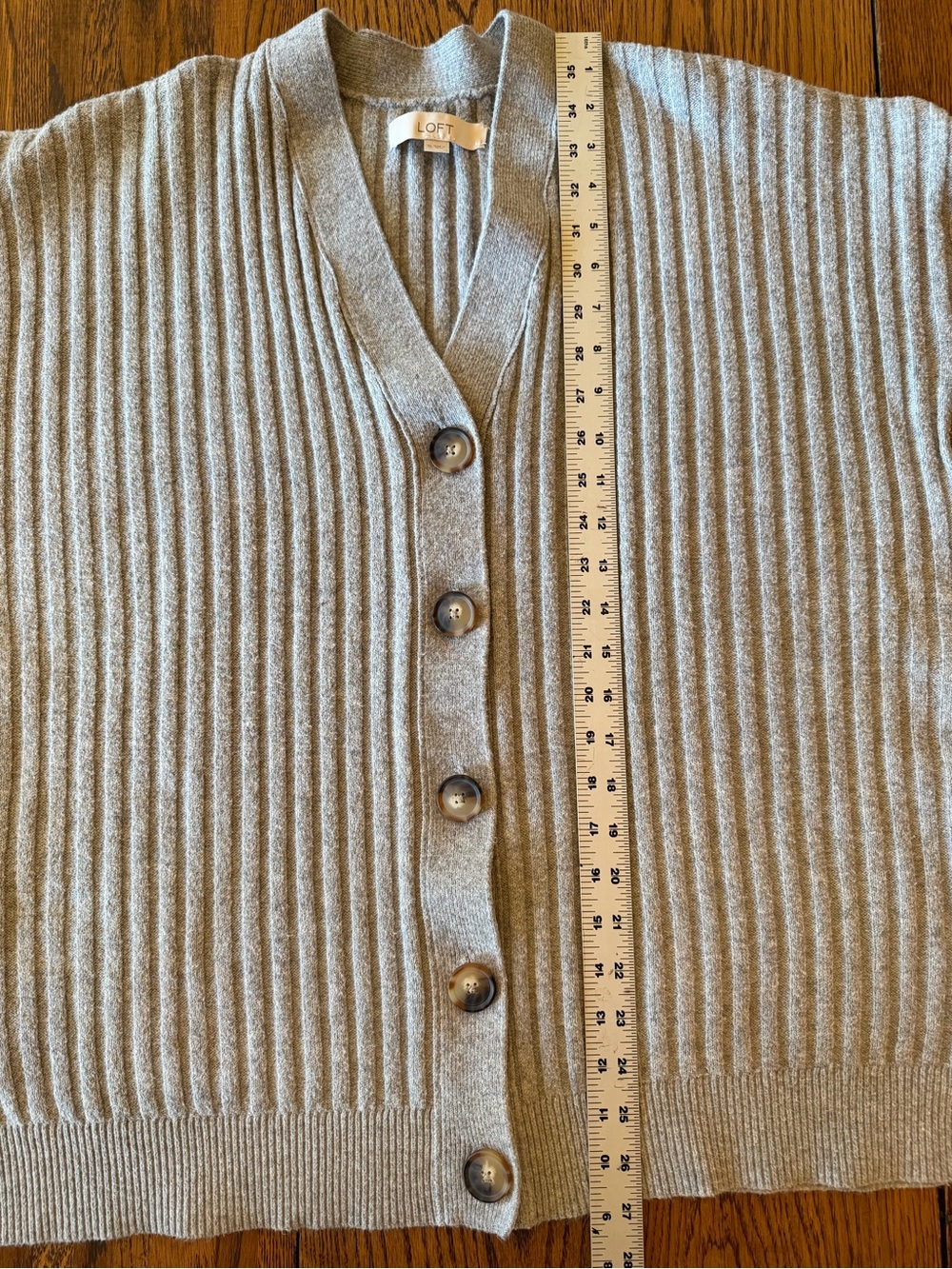 LOFT Heather Gray Ribbed V-Neck Button Cardigan - Picture 5 of 6